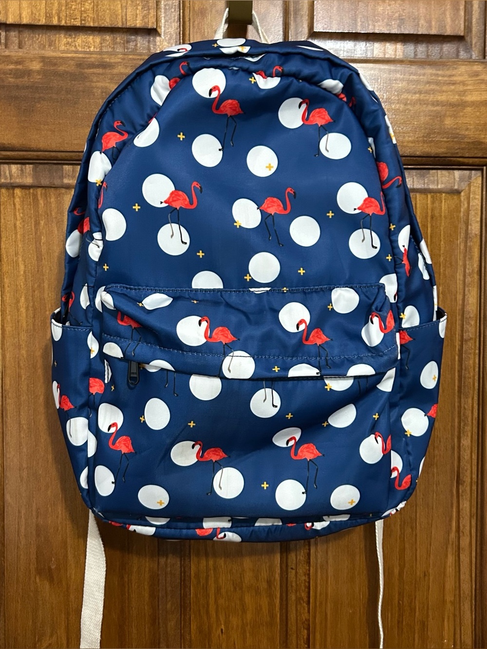 Navy Blue Backpack Polka Dots Flamingo Book Bag 16” Multi Compartment
